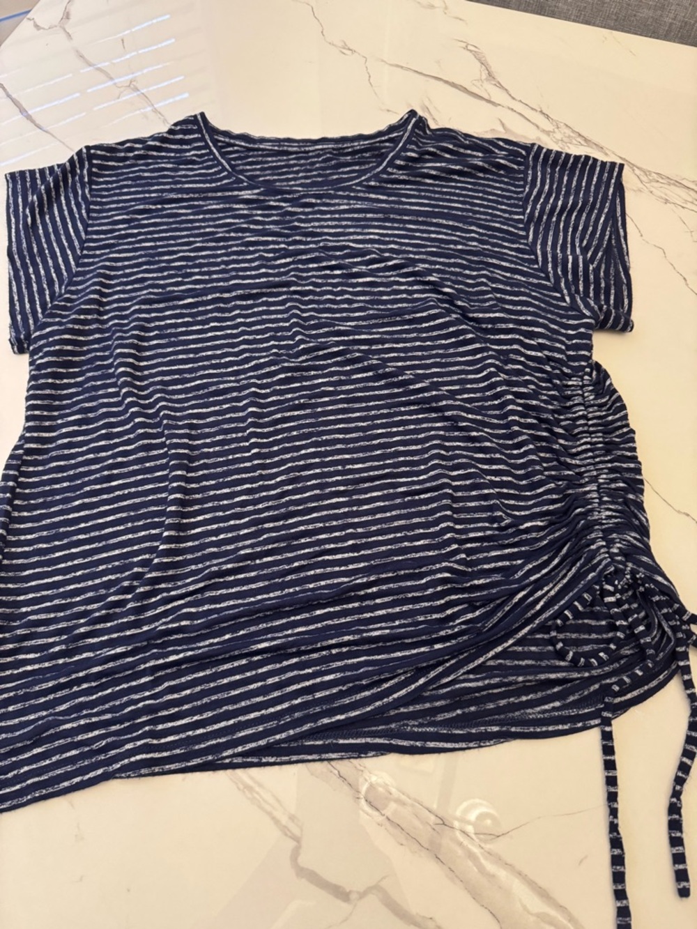 Navy and White Striped Side-Ruched Short Sleeve Tee